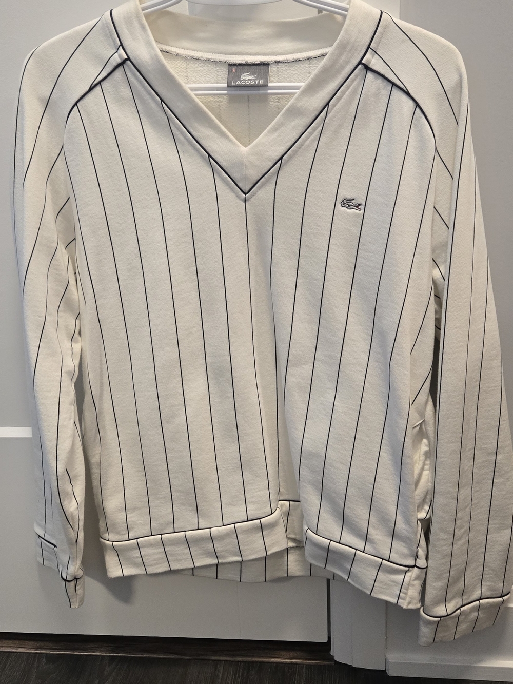 Lacoste Cream V-Neck Pinstripe Sweater with Navy Stripes